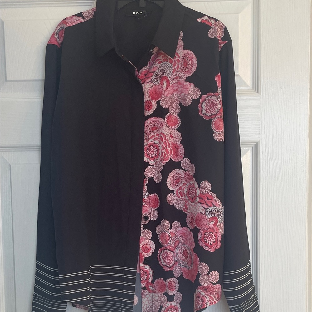 DKNY Men's Black Shirt with Pink Floral Design